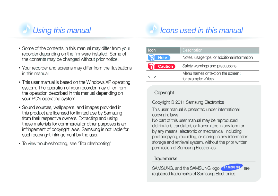 Samsung YP-VP2 user manual To view troubleshooting, see Troubleshooting, Icon Description 