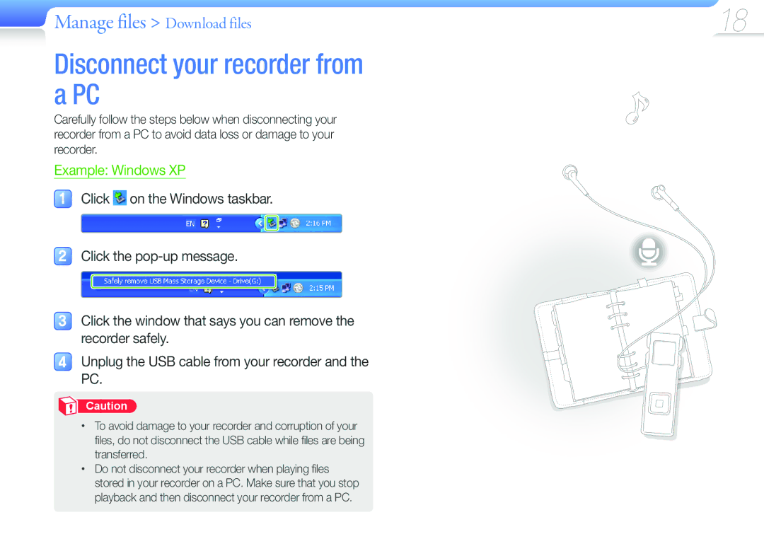 Samsung YP-VP2 user manual Disconnect your recorder from a PC, Example Windows XP 