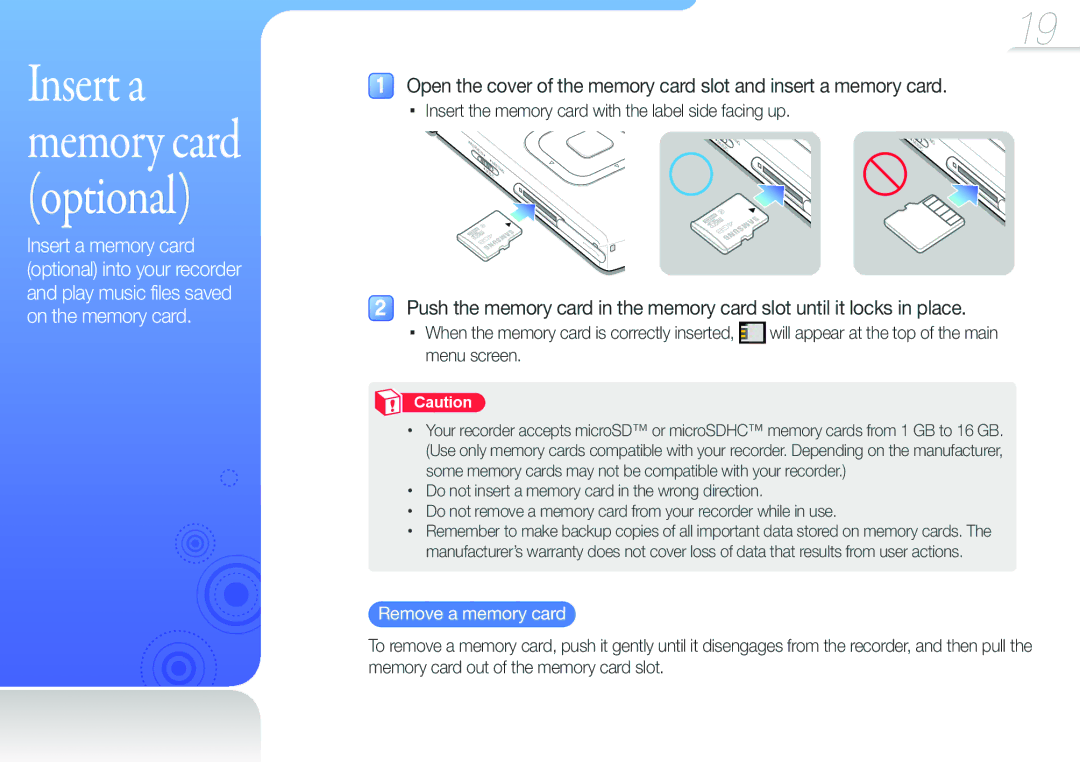 Samsung YP-VP2 user manual Insert the memory card with the label side facing up, Remove a memory card 