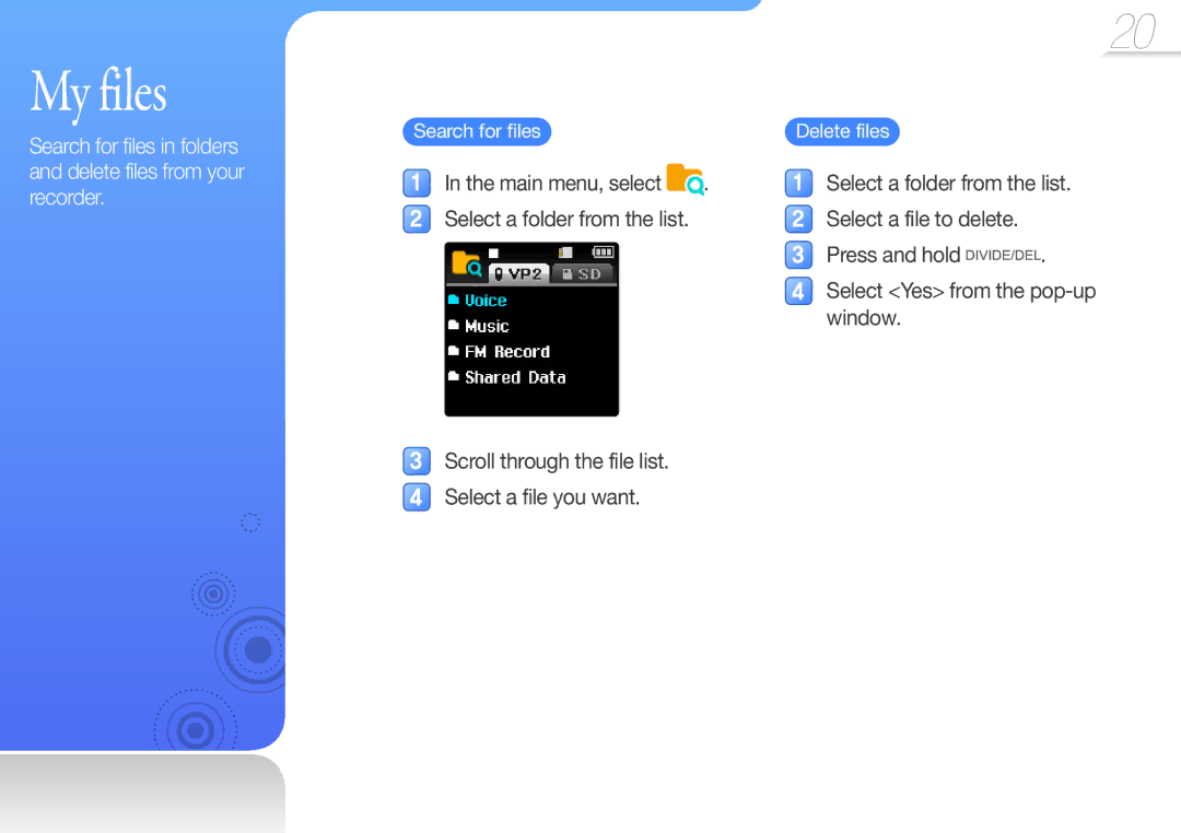 Samsung YP-VP2 user manual My files, Delete files 