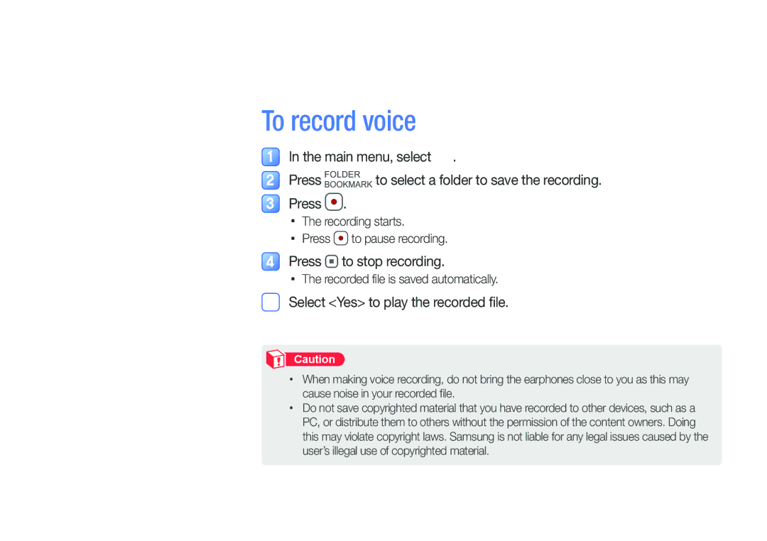 Samsung YP-VP2 user manual To record voice, Press to stop recording, Select Yes to play the recorded file 