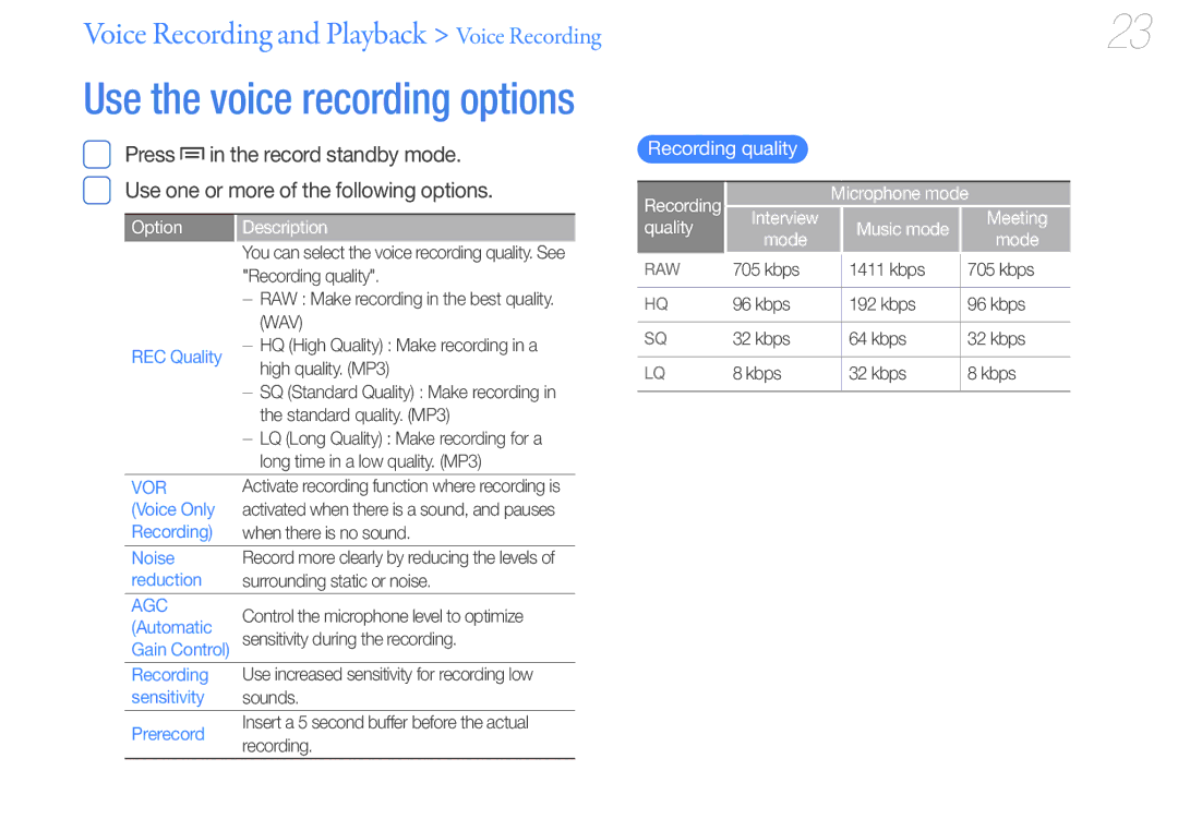 Samsung YP-VP2 Recording quality, Option Description, Microphone mode, Interview Meeting Quality Music mode Mode 