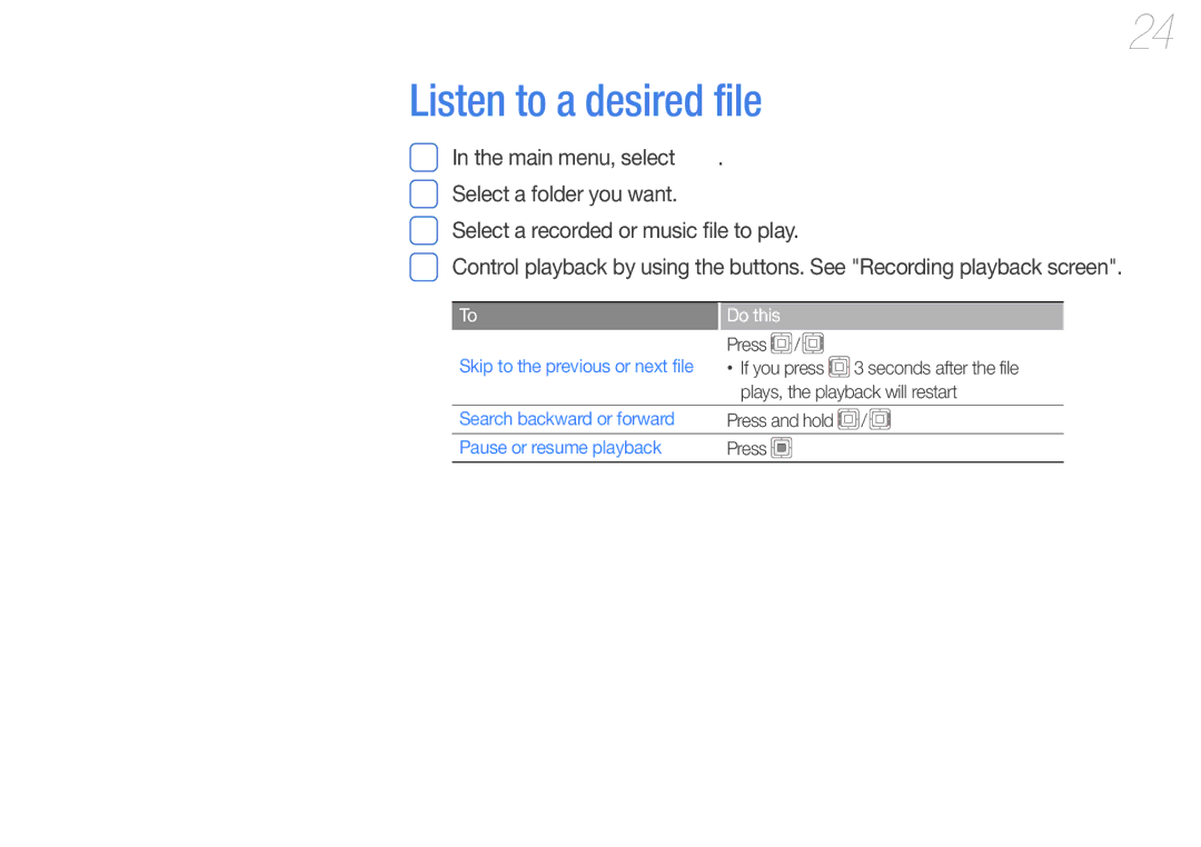 Samsung YP-VP2 user manual Listen to a desired file, Main menu, select . Select a folder you want, Do this 