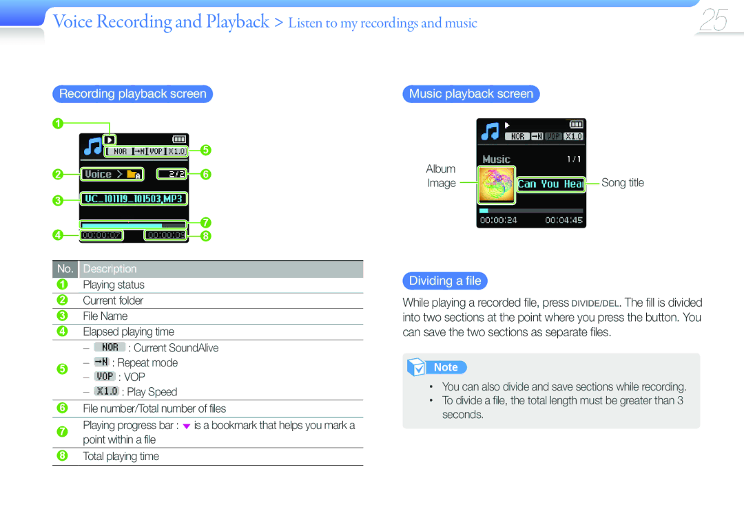 Samsung YP-VP2 user manual Recording playback screen, Music playback screen, Dividing a file 