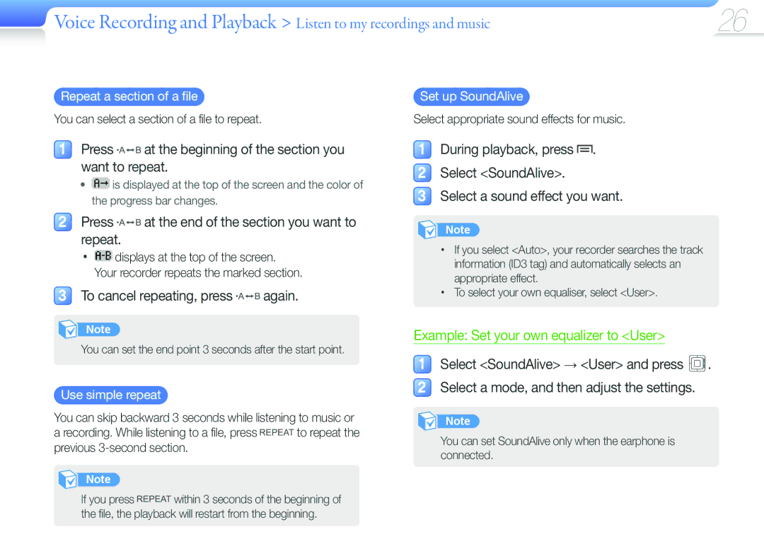 Samsung YP-VP2 user manual Press at the beginning of the section you want to repeat, Repeat 