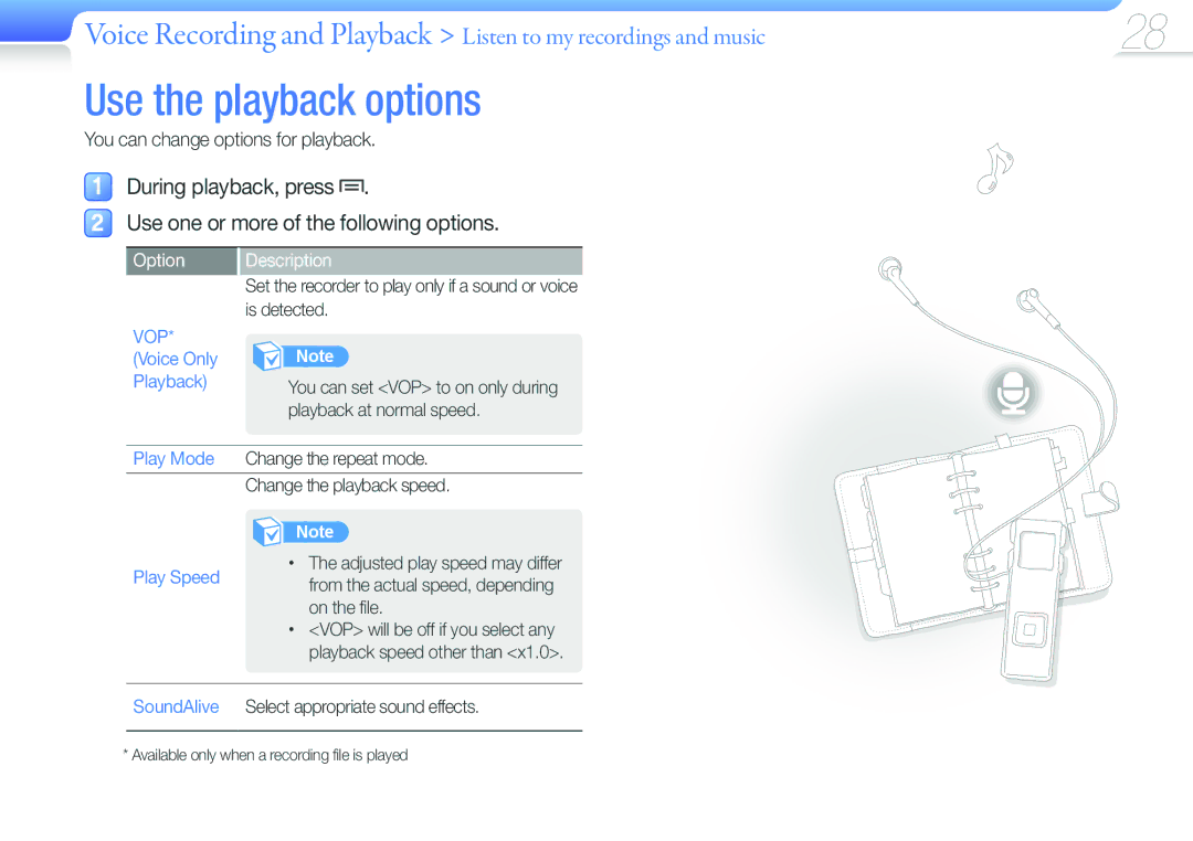 Samsung YP-VP2 user manual Use the playback options, You can change options for playback, Option 