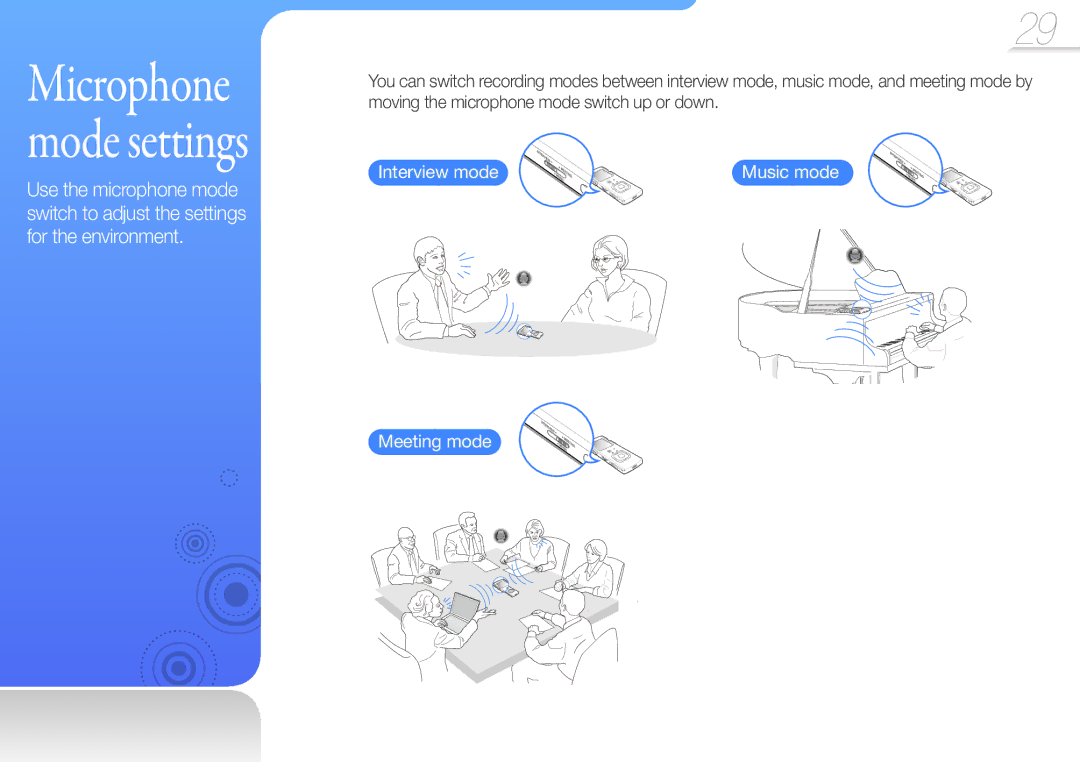 Samsung YP-VP2 user manual Microphone mode settings, Interview mode Music mode Meeting mode 