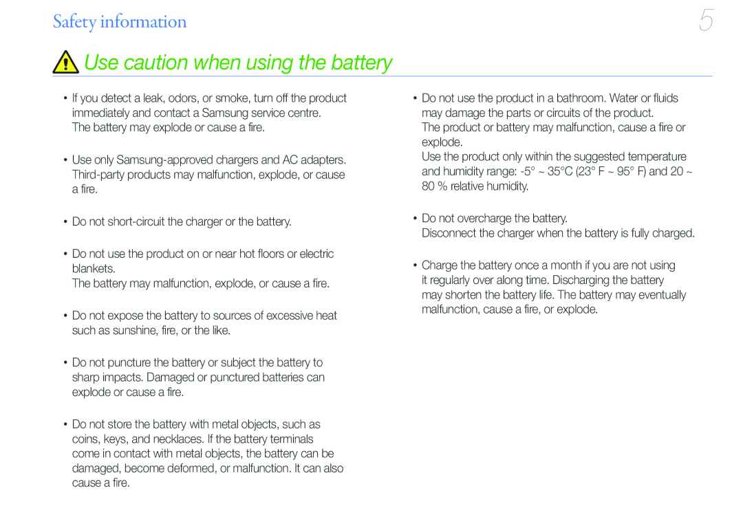 Samsung YP-VP2 user manual Use caution when using the battery 