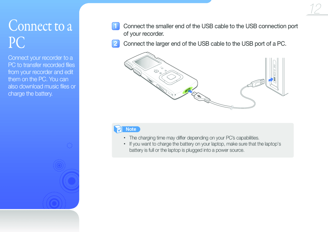 Samsung YP-VP2 user manual Connect to a PC, Connect the larger end of the USB cable to the USB port of a PC 