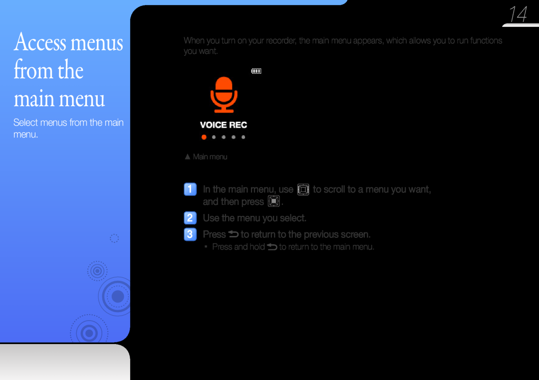 Samsung YP-VP2 user manual Access menus from the main menu, Select menus from the main menu 