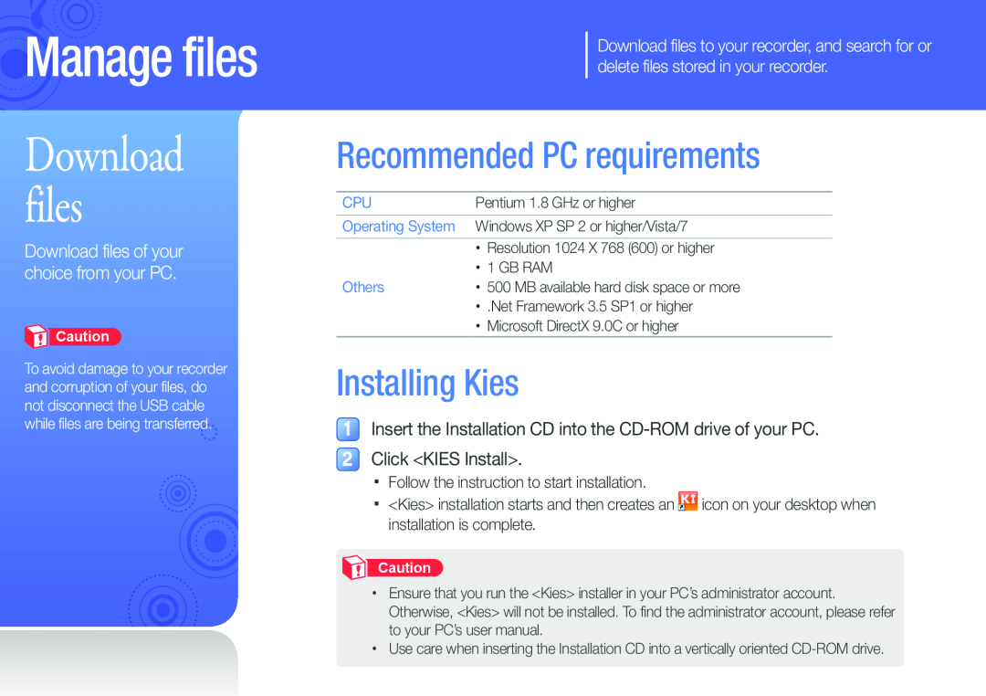 Samsung YP-VP2 user manual Download files, Recommended PC requirements, Manage files, Installing Kies, Others 