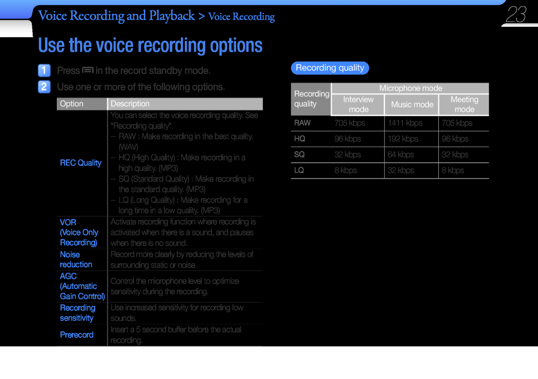 Samsung YP-VP2 Press in the record standby mode, Use one or more of the following options, Recording quality, Option 
