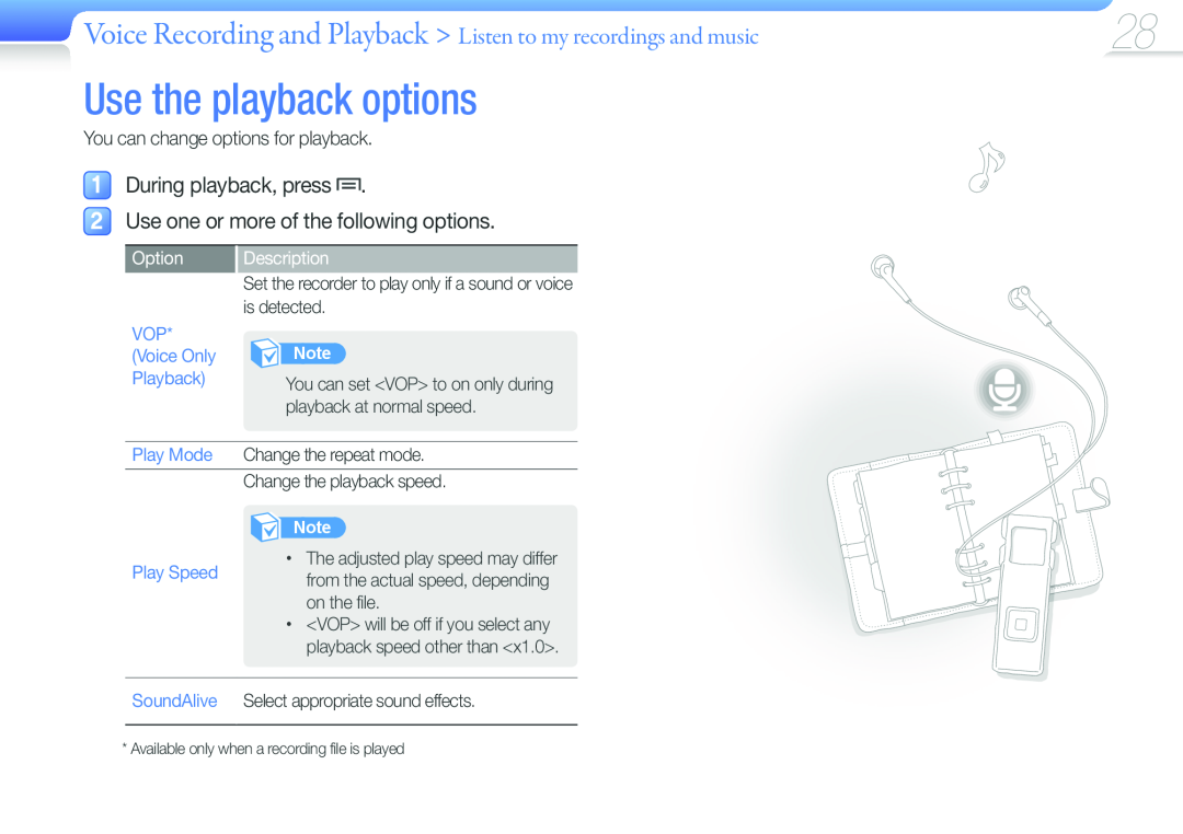 Samsung YP-VP2 Use the playback options, During playback, press Use one or more of the following options, Option 