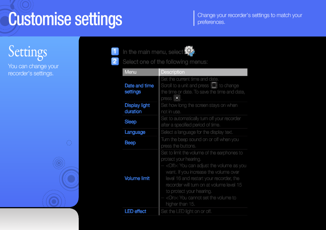 Samsung YP-VP2 Customise settings, Settings, In the main menu, select Select one of the following menus, Menu, Description 