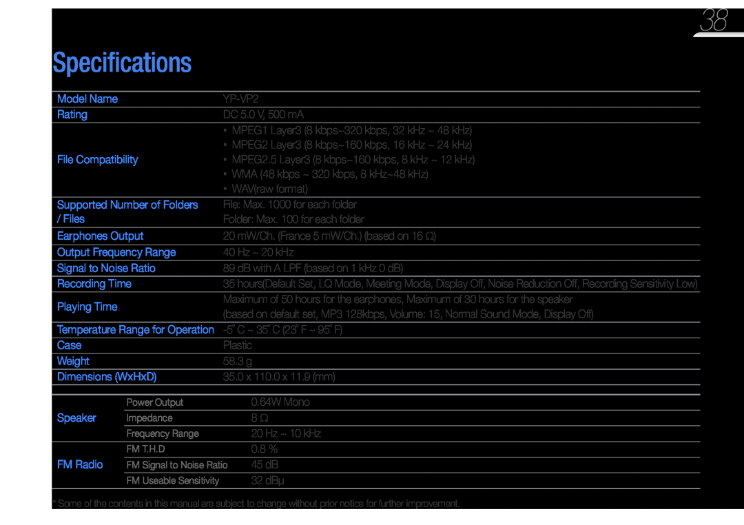 Samsung YP-VP2 user manual Specifications 