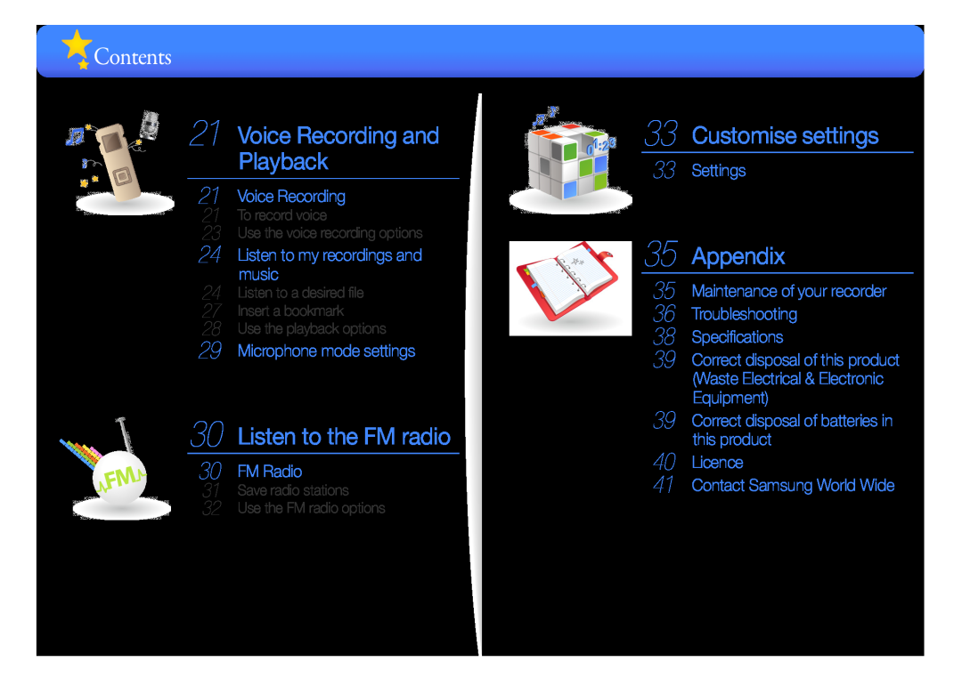 Samsung YP-VP2 Voice Recording and Playback, Customise settings, Appendix, Contents, Listen to the FM radio, FM Radio 