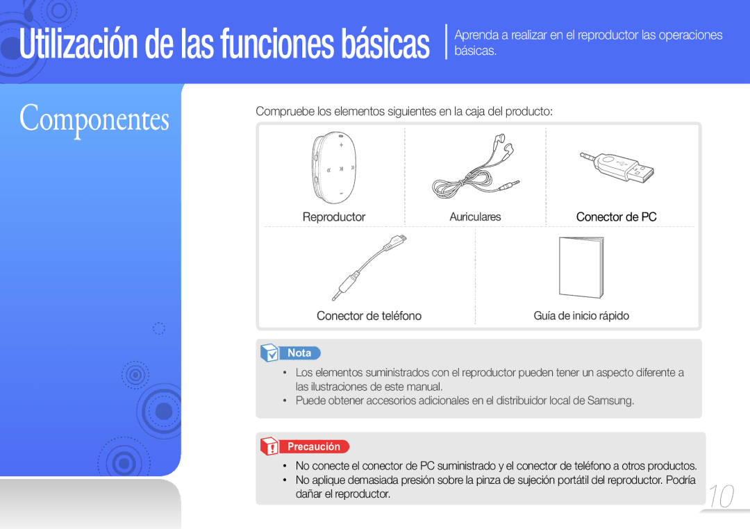 Samsung YP-W1AL/EDC, YP-W1AW/EDC manual Componentes, Conector de teléfono 