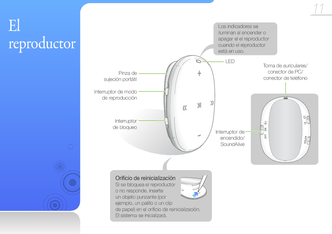 Samsung YP-W1AW/EDC, YP-W1AL/EDC manual El reproductor 