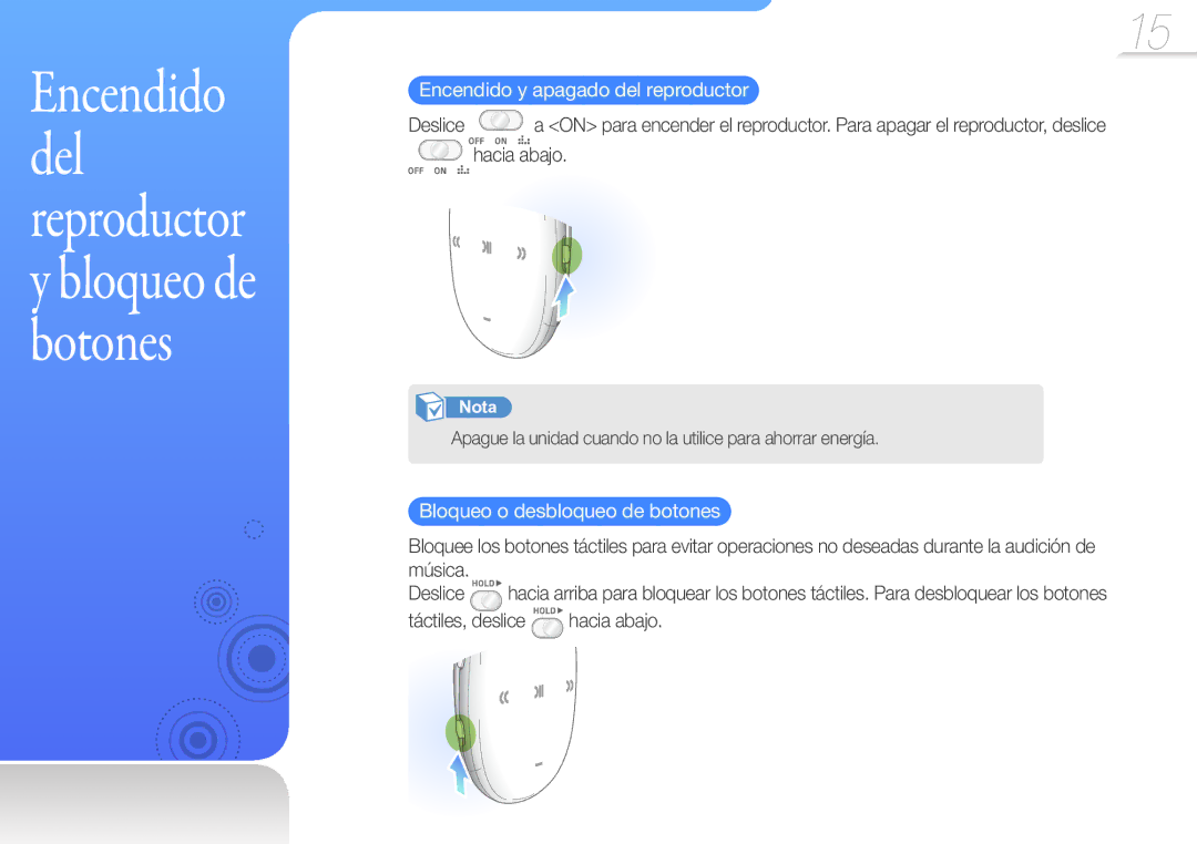 Samsung YP-W1AW/EDC, YP-W1AL/EDC manual Encendido del reproductor y bloqueo de botones 