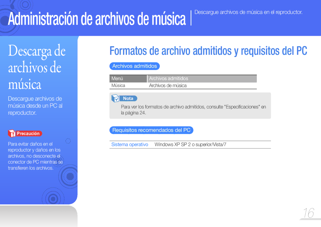 Samsung YP-W1AL/EDC, YP-W1AW/EDC manual Descarga de archivos de música, Menú Archivos admitidos 