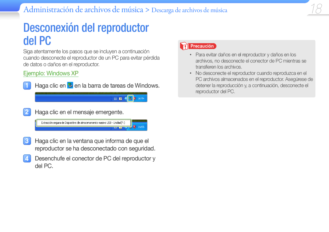 Samsung YP-W1AL/EDC, YP-W1AW/EDC manual Desconexión del reproductor del PC, Ejemplo Windows XP 