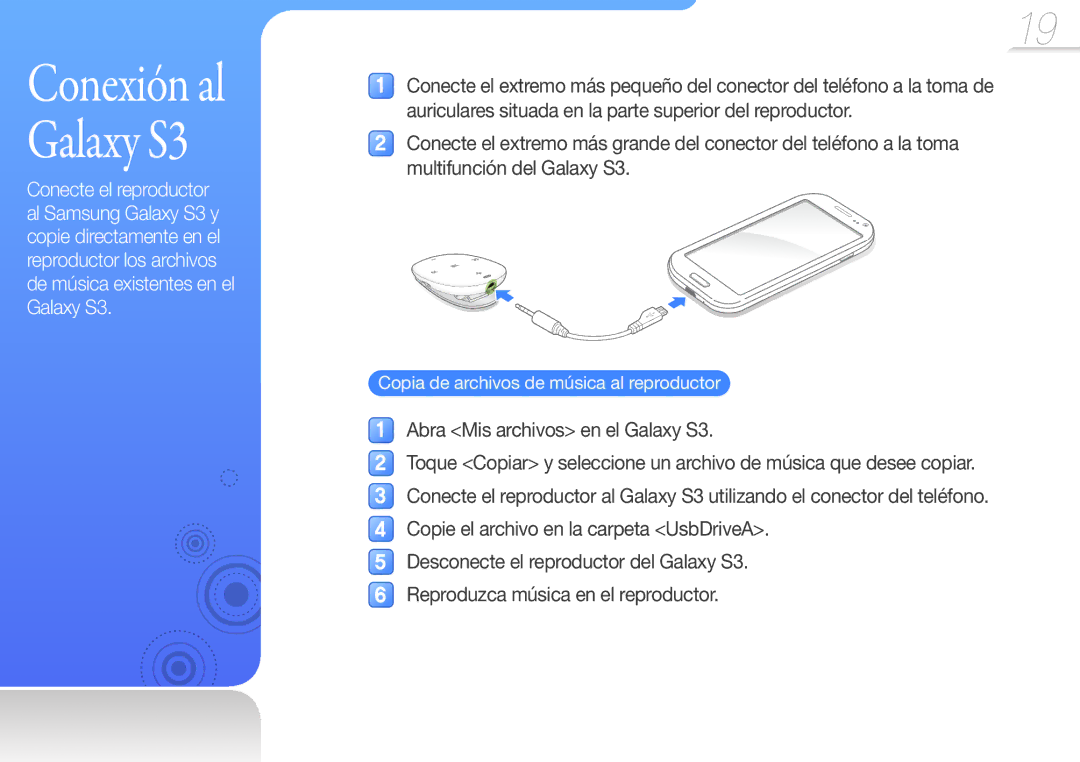 Samsung YP-W1AW/EDC, YP-W1AL/EDC manual Conexión al Galaxy S3 