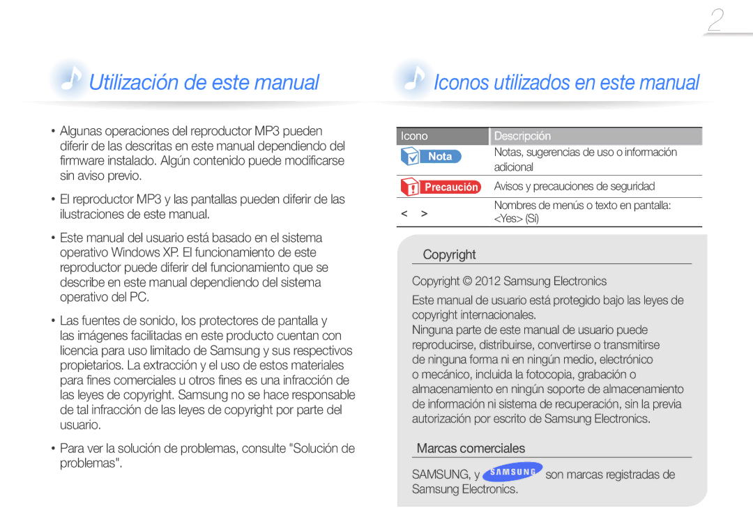 Samsung YP-W1AL/EDC, YP-W1AW/EDC manual Marcas comerciales SAMSUNG, y, Samsung Electronics, Icono Descripción 