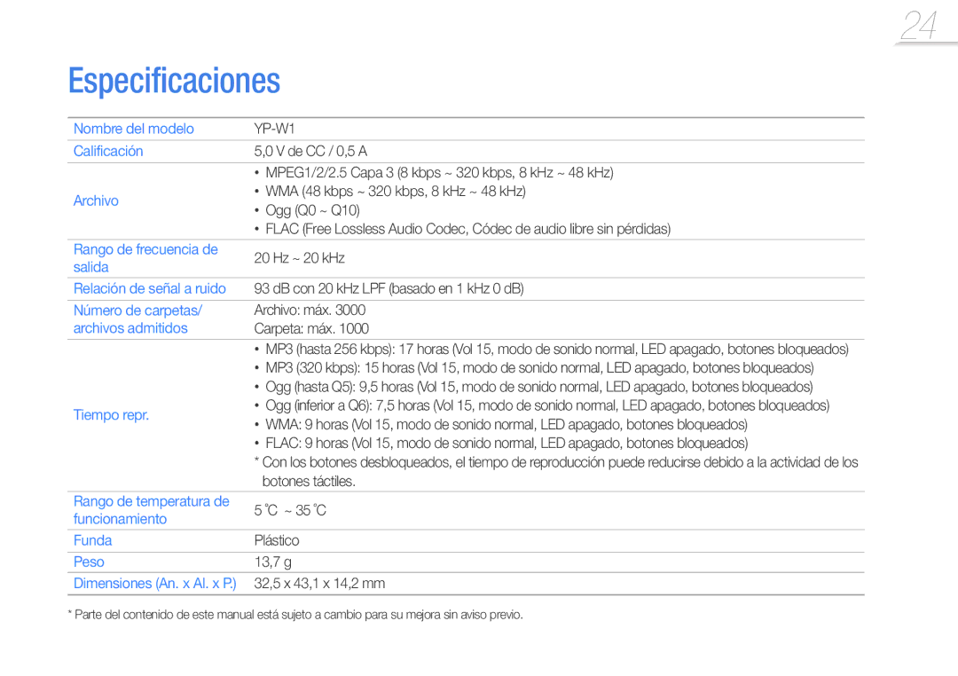 Samsung YP-W1AL/EDC, YP-W1AW/EDC manual Especificaciones, Archivos admitidos 