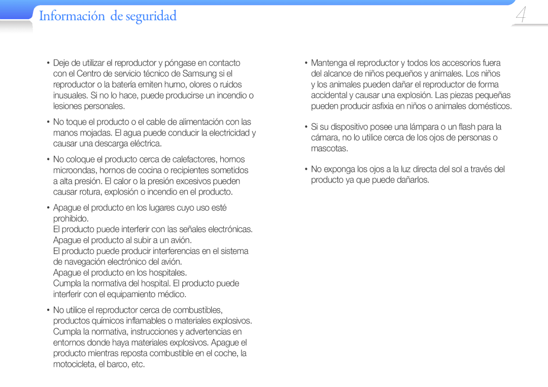 Samsung YP-W1AL/EDC, YP-W1AW/EDC manual Información de seguridad, Apague el producto en los lugares cuyo uso esté prohibido 