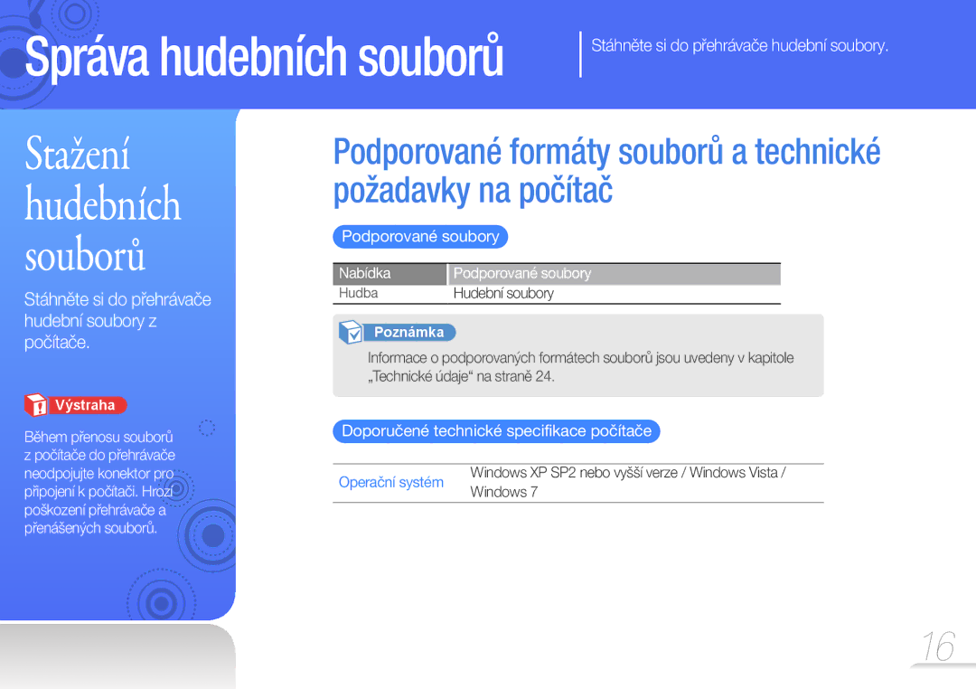 Samsung YP-W1AW/XEN, YP-W1AL/XEN Podporované formáty souborů a technické požadavky na počítač, Nabídka Podporované soubory 