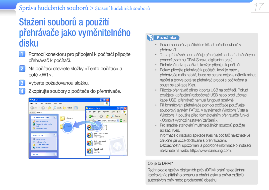 Samsung YP-W1AL/XEN, YP-W1AW/XEN manual Správa hudebních souborů Stažení hudebních souborů 