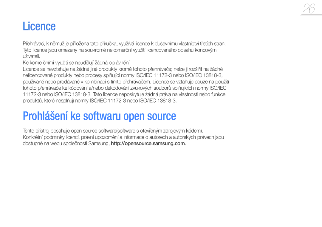 Samsung YP-W1AW/XEN, YP-W1AL/XEN manual Licence, Prohlášení ke softwaru open source 