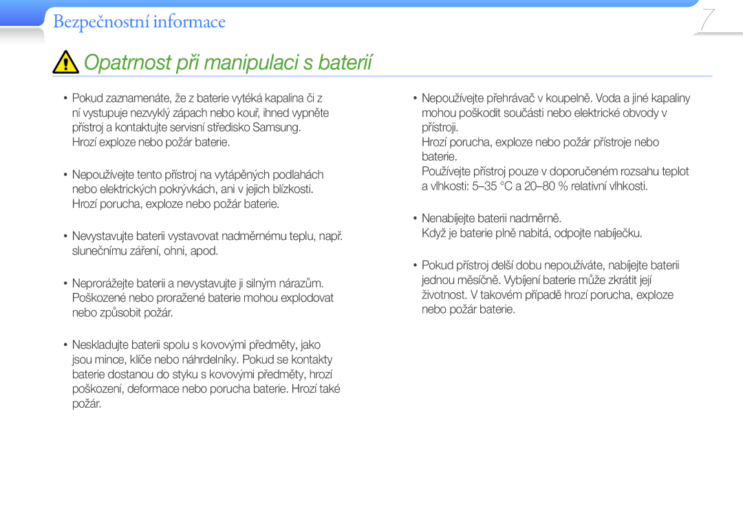 Samsung YP-W1AL/XEN, YP-W1AW/XEN manual Opatrnost při manipulaci s baterií 