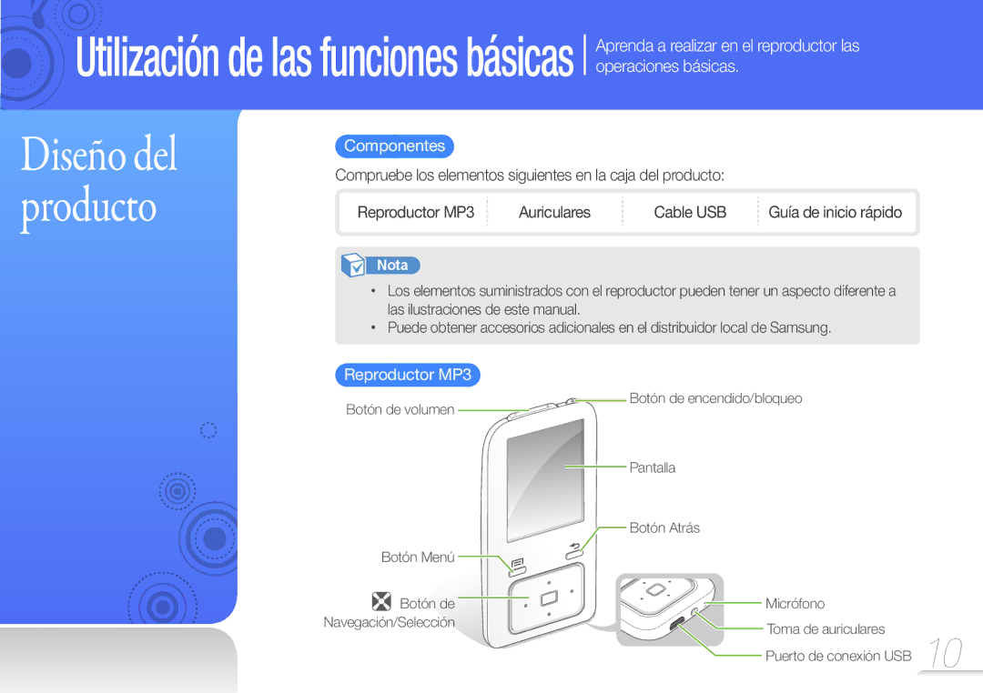 Samsung YP-Z3AP/FOP, YP-Z3CL/FOP, YP-Z3CP/FOP, YP-Z3CW/FOP Componentes, Reproductor MP3 Auriculares, Guía de inicio rápido 