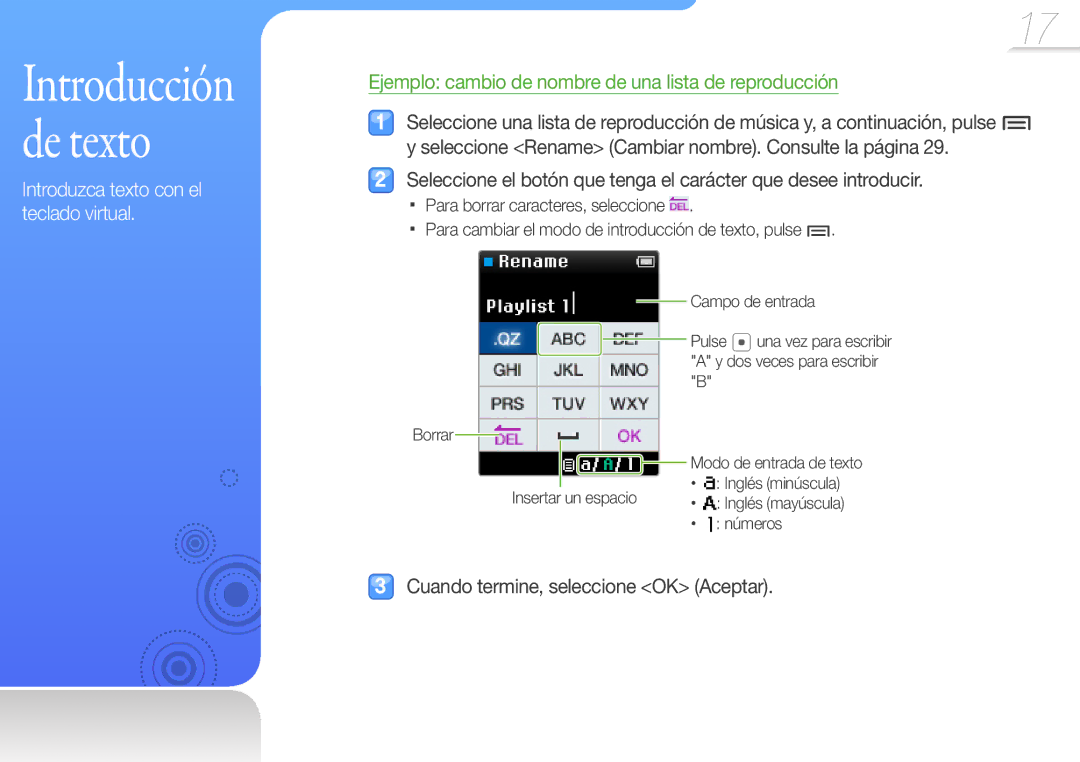 Samsung YP-Z3AL/FOP, YP-Z3CL/FOP, YP-Z3CP/FOP, YP-Z3CW/FOP, YP-Z3AW/FOP, YP-Z3AP/FOP manual Introducción de texto 