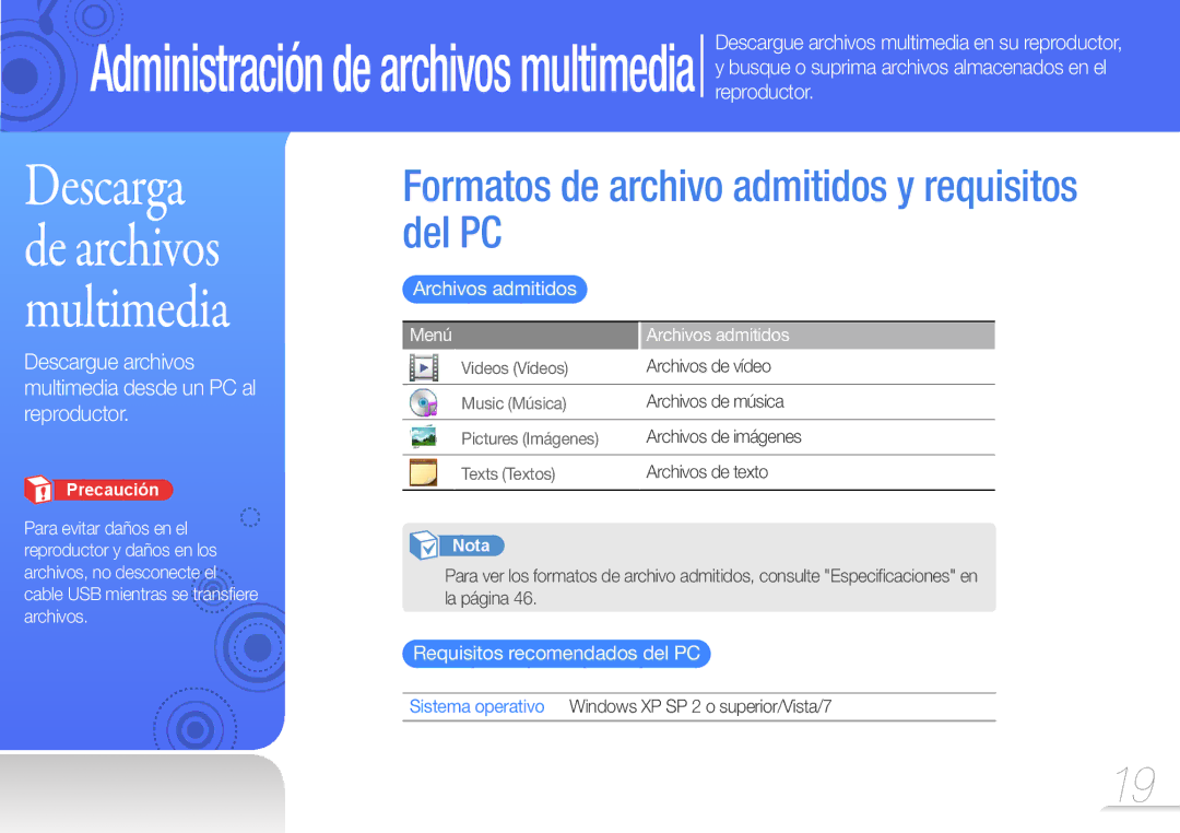 Samsung YP-Z3CP/FOP Formatos de archivo admitidos y requisitos del PC, Archivos admitidos, Requisitos recomendados del PC 