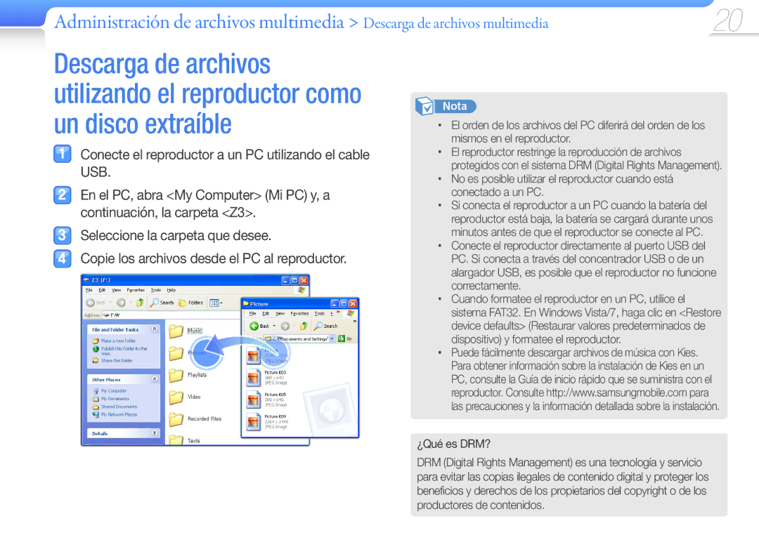 Samsung YP-Z3CW/FOP, YP-Z3CL/FOP, YP-Z3CP/FOP, YP-Z3AW/FOP, YP-Z3AP/FOP, YP-Z3AL/FOP manual ¿Qué es DRM? 