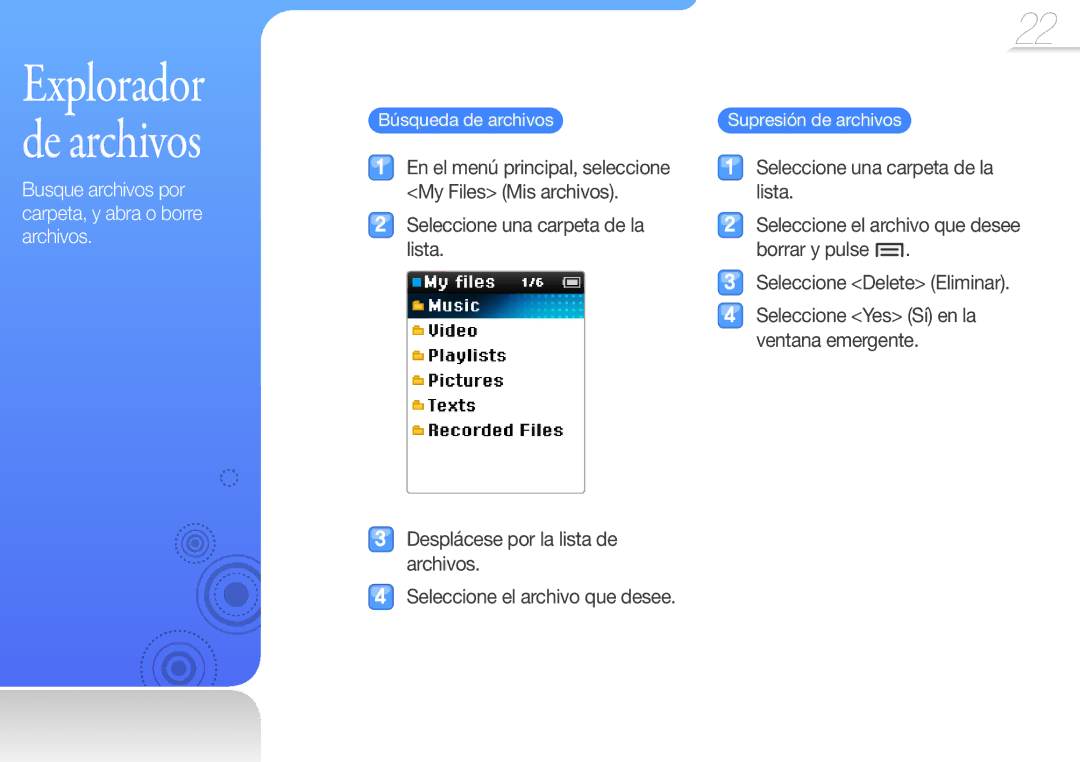 Samsung YP-Z3AP/FOP Búsqueda de archivos, En el menú principal, seleccione My Files Mis archivos, Supresión de archivos 