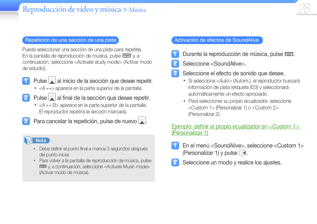 Samsung YP-Z3AP/FOP, YP-Z3CL/FOP Repetición de una sección de una pista, ↔ aparece en la parte superior de la pantalla 