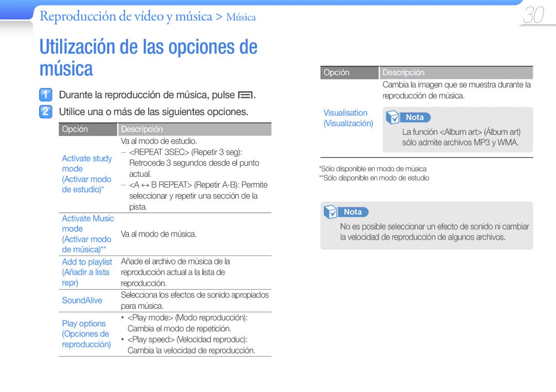 Samsung YP-Z3CL/FOP, YP-Z3CP/FOP, YP-Z3CW/FOP, YP-Z3AW/FOP, YP-Z3AP/FOP, YP-Z3AL/FOP manual Opción Descripción 