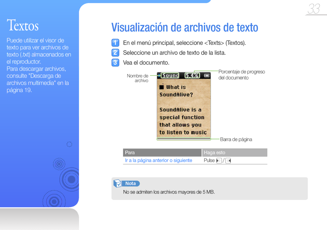 Samsung YP-Z3AW/FOP, YP-Z3CL/FOP, YP-Z3CP/FOP, YP-Z3CW/FOP, YP-Z3AP/FOP manual Textos, Visualización de archivos de texto 