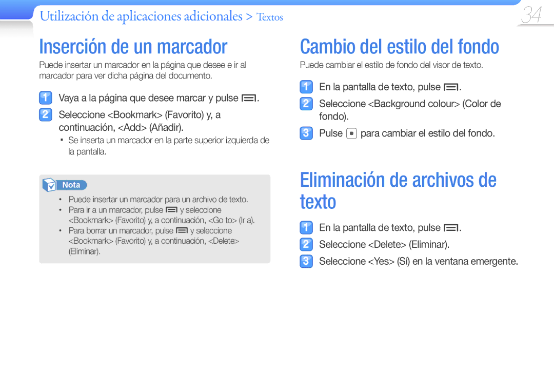 Samsung YP-Z3AP/FOP, YP-Z3CL/FOP Inserción de un marcador, Cambio del estilo del fondo, Eliminación de archivos de texto 