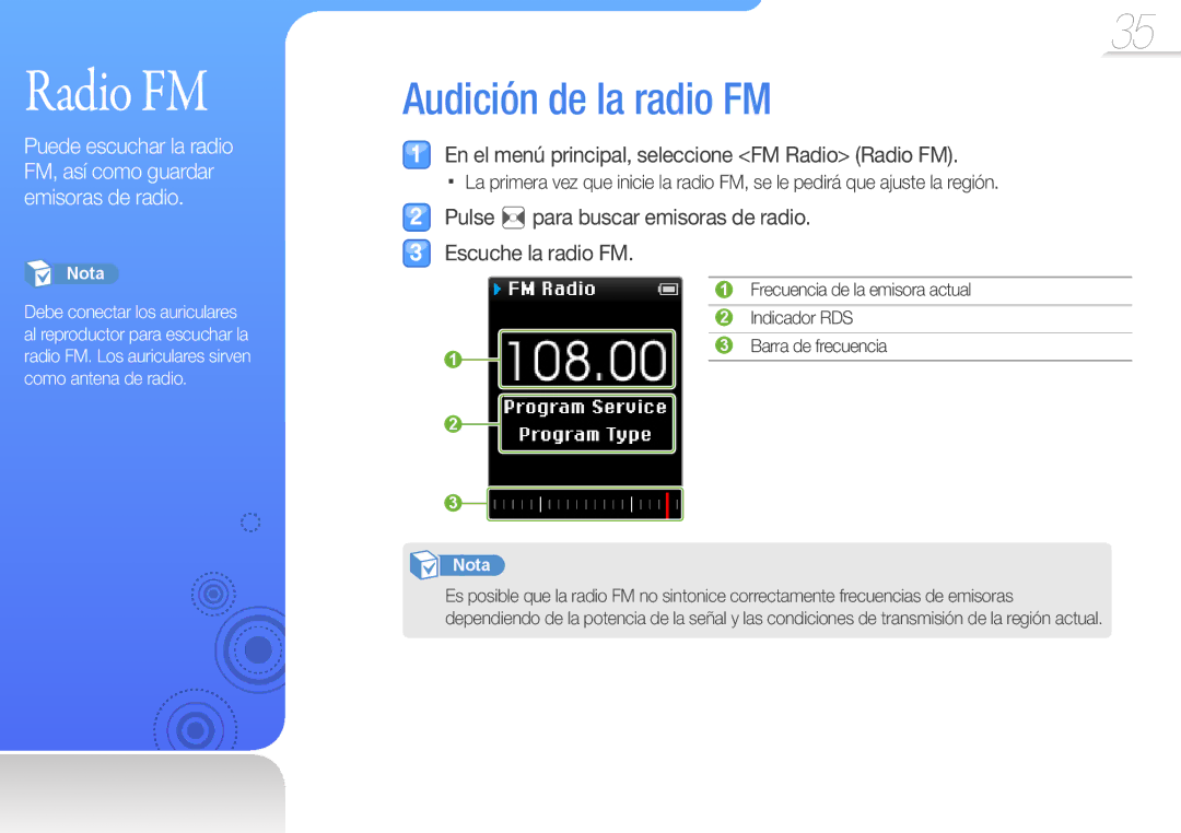 Samsung YP-Z3AL/FOP, YP-Z3CL/FOP, YP-Z3CP/FOP, YP-Z3CW/FOP, YP-Z3AW/FOP, YP-Z3AP/FOP manual Radio FM, Audición de la radio FM 