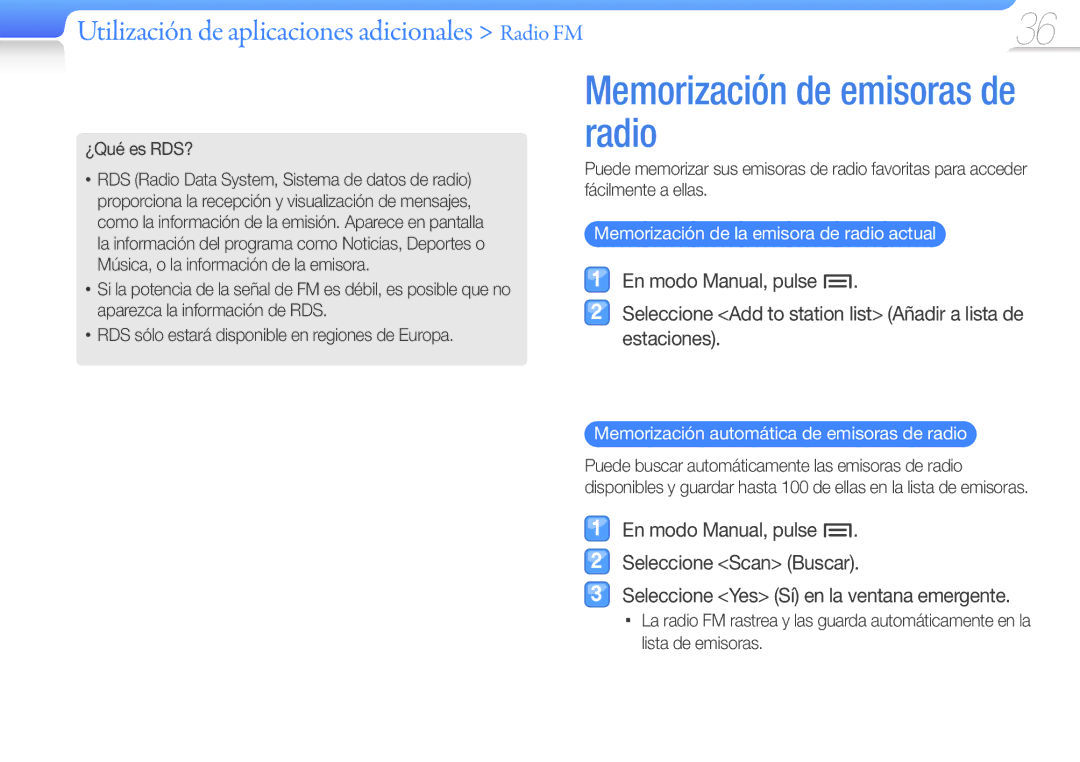 Samsung YP-Z3CL/FOP manual Memorización de emisoras de radio, ¿Qué es RDS?, Memorización de la emisora de radio actual 