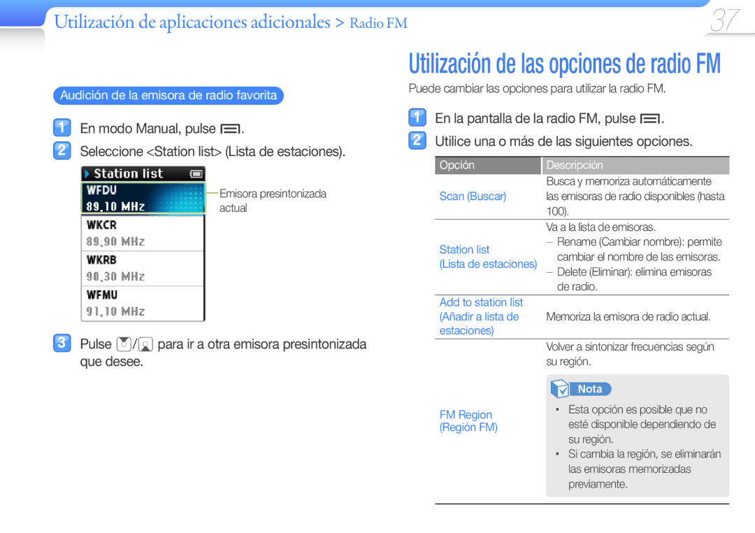 Samsung YP-Z3CP/FOP manual Audición de la emisora de radio favorita, Puede cambiar las opciones para utilizar la radio FM 