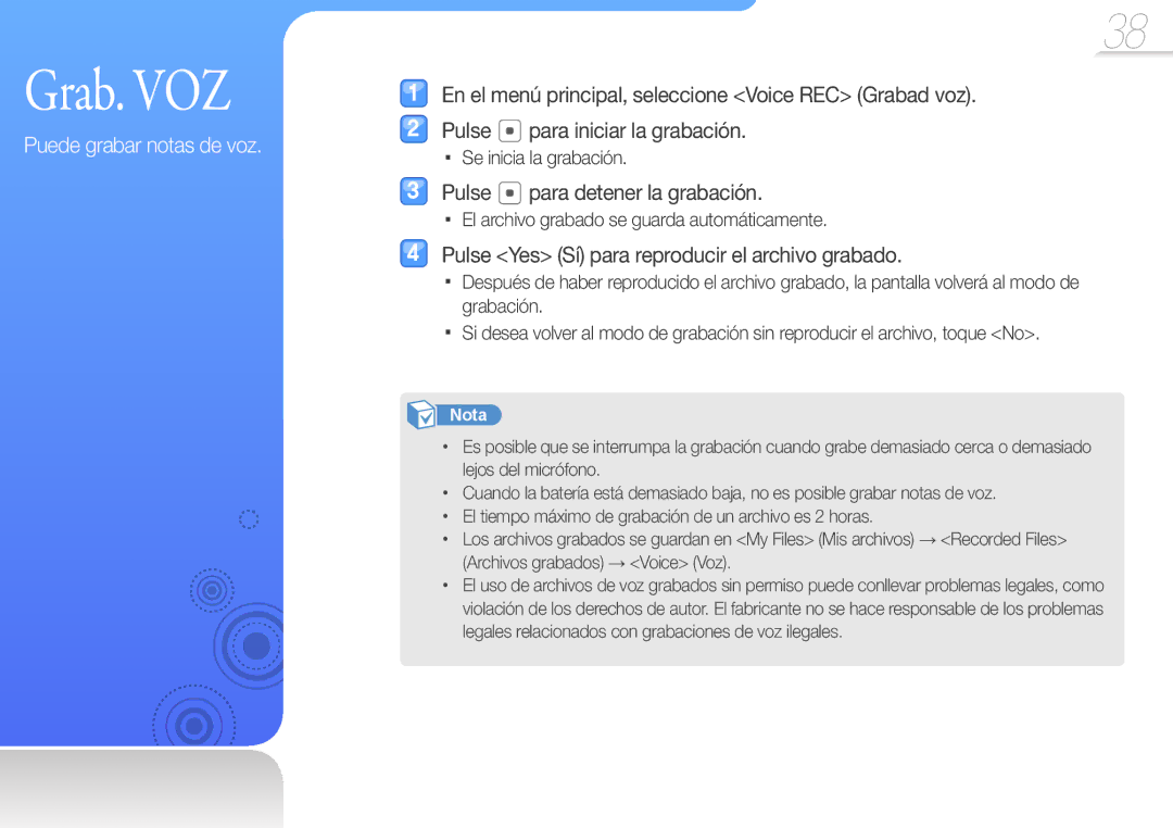 Samsung YP-Z3CW/FOP, YP-Z3CL/FOP manual Grab. VOZ, Se inicia la grabación, El archivo grabado se guarda automáticamente 