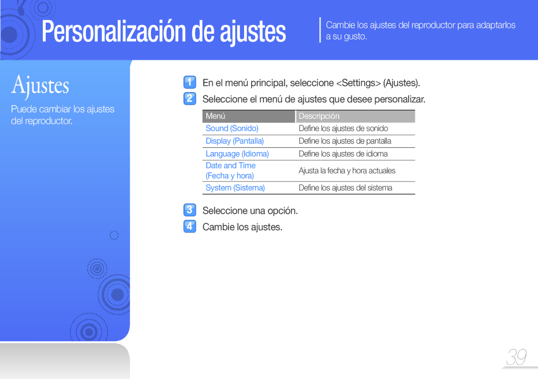 Samsung YP-Z3AW/FOP, YP-Z3CL/FOP, YP-Z3CP/FOP manual Ajustes, Puede cambiar los ajustes del reproductor, Menú Descripción 