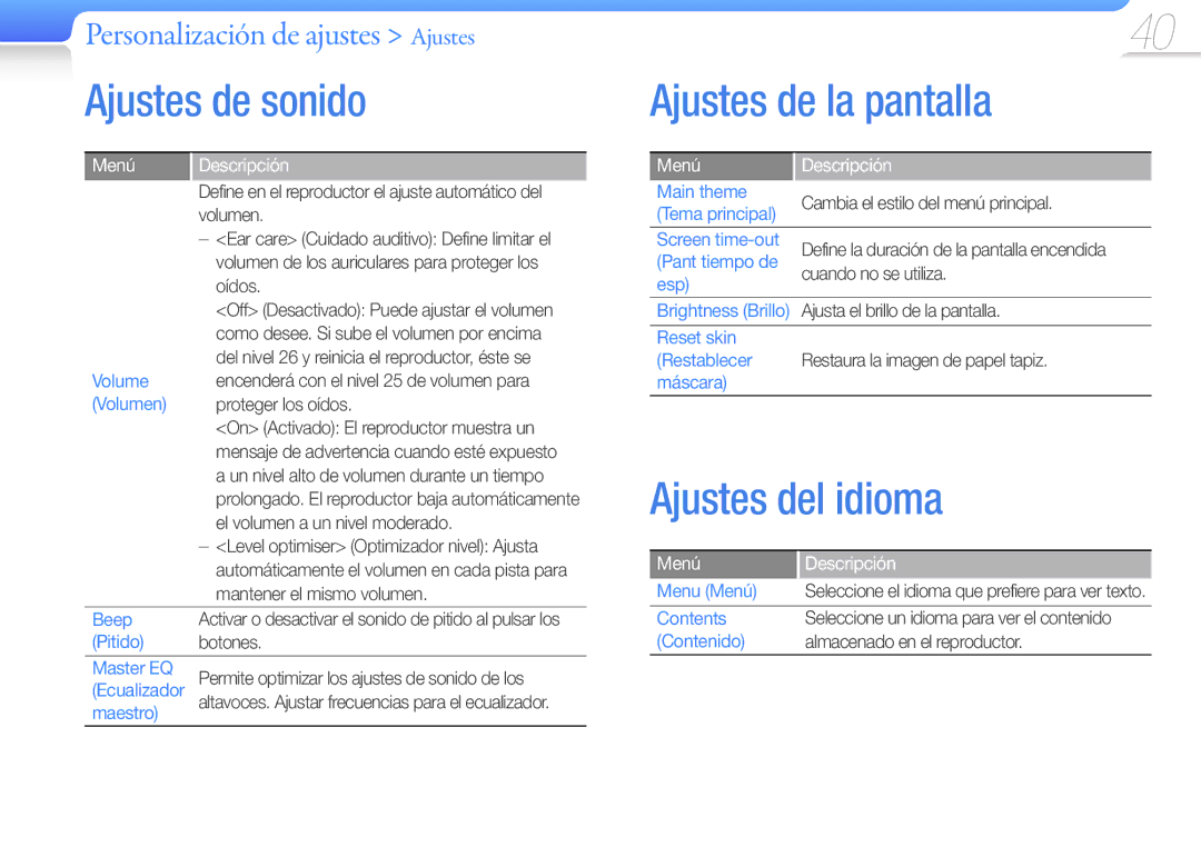 Samsung YP-Z3AP/FOP, YP-Z3CL/FOP, YP-Z3CP/FOP, YP-Z3CW/FOP Ajustes de sonido, Ajustes de la pantalla, Ajustes del idioma 