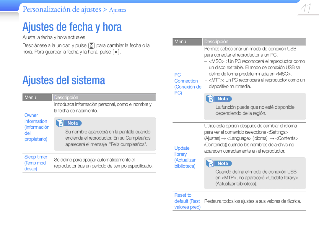 Samsung YP-Z3AL/FOP, YP-Z3CL/FOP, YP-Z3CP/FOP, YP-Z3CW/FOP, YP-Z3AW/FOP, YP-Z3AP/FOP manual Ajustes del sistema 