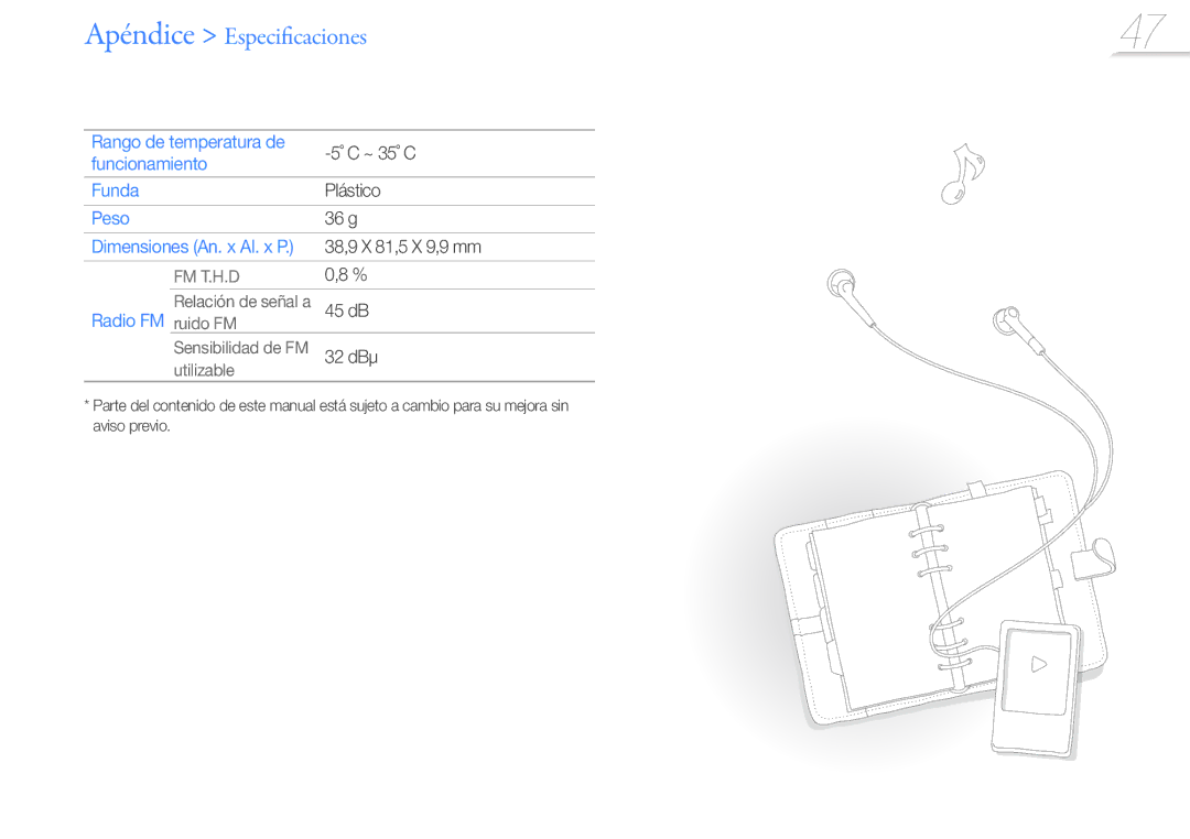 Samsung YP-Z3AL/FOP, YP-Z3CL/FOP, YP-Z3CP/FOP manual Rango de temperatura de, Funcionamiento Funda, Peso, Radio FM ruido FM 